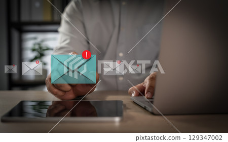 Mail Communication Connection Person managing email notifications digital devices, with alert icons indicating new messages and urgent updates Mail Communication Connection Person managing email notifications digital devices, with alert icons indicating new messages and urgent updates 129347002