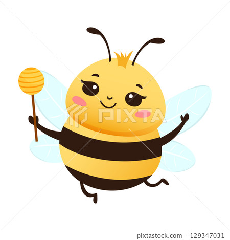 Cute cartoon bee with striped body and wings holding honey dipper and smiling. Cute cartoon bee with striped body and wings holding honey dipper and smiling. 129347031