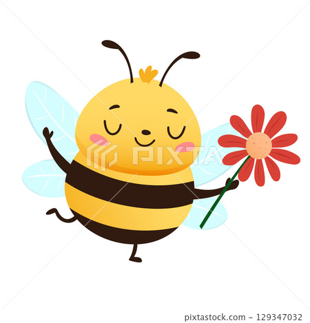 Happy cartoon bee character smiling and holding a red flower, flat style Happy cartoon bee character smiling and holding a red flower, flat style 129347032