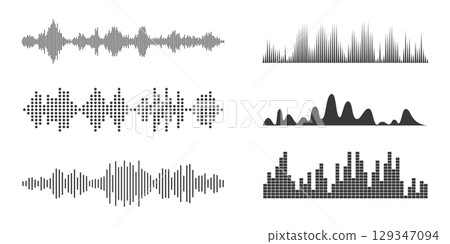 Sound radio wave icon, voice message podcast audio recording. Collection Music waveform pulse, equalizer rhythm symbol. Record level vibration. 129347094