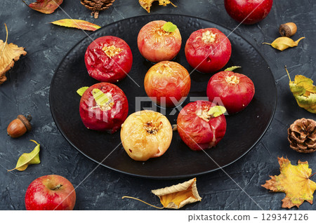 Tasty food with baked apple. Tasty food with baked apple. 129347126