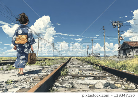 白天，穿著浴衣的女孩沿著鐵軌走 129347150