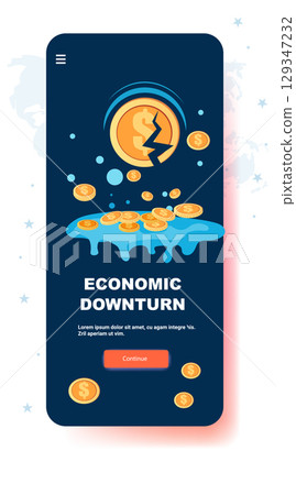 Broken coin economic crisis recession concept shattered dollar symbol coins melting blue background mobile app screen template 129347232