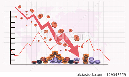 Falling red arrow financial crisis economic recession graph coins stacks world map grid background downward trend Falling red arrow financial crisis economic recession graph coins stacks world map grid background downward trend 129347259
