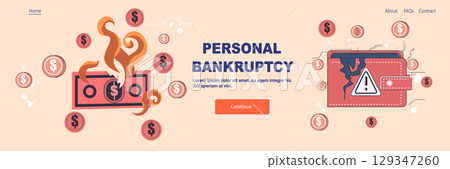Personal bankruptcy financial crisis burning dollar cracked wallet warning coins digital background website banner 129347260
