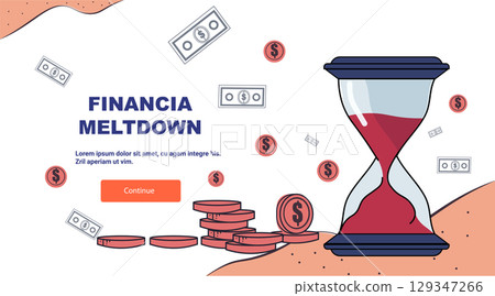 Financial crisis recession hourglass money loss coins bills sand falling time pressure landing page 129347266