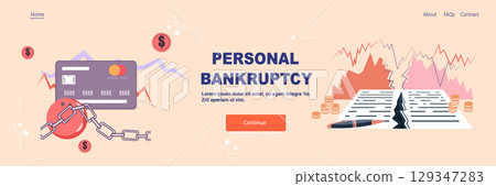 Personal bankruptcy financial crisis credit card chained broken contract falling graph coins landing page 129347283