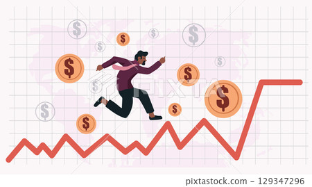 Businessman financial crisis recession downturn graph jumping over falling chart background coins world map 129347296