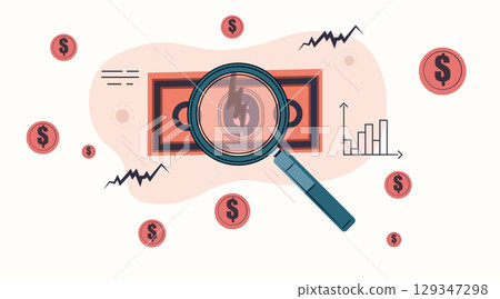 Economic crisis financial downturn analysis magnifying glass examines dollar bill with lightning bolt surrounded by falling stock charts and coins abstract background 129347298