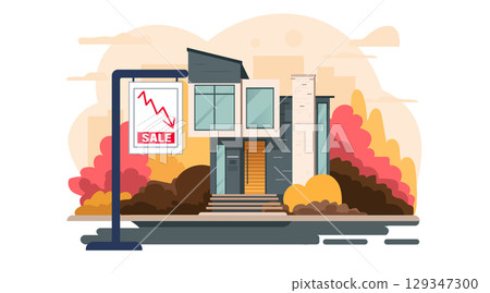 Modern house real estate price drop crisis concept home for sale with downward graph autumn background property market downturn banner 129347300
