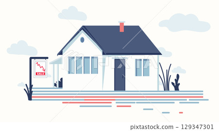 House for sale economic crisis falling prices real estate downturn sign blue home exterior clouds minimal flat design House for sale economic crisis falling prices real estate downturn sign blue home exterior clouds minimal flat design 129347301
