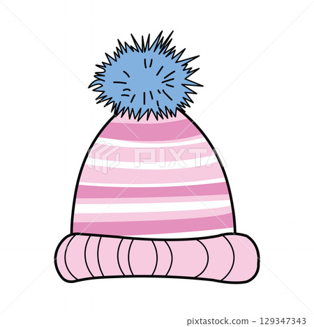 Pink and White Striped Beanie Hat with Blue Pom-Pom Pink and White Striped Beanie Hat with Blue Pom-Pom 129347343