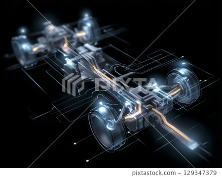 CG image of the wireframe skeleton of the main parts and wiring of an EV vehicle 129347379