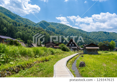 Wooden path crossing traditional village of Shirakawa-go in Japan Wooden path crossing traditional village of Shirakawa-go in Japan 129347615