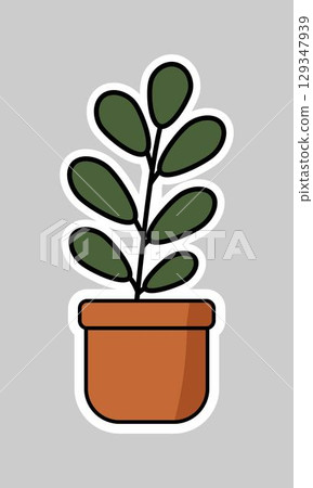 Cartoon illustration of a ficus houseplant in a terracotta pot with a white outline on a gray background. Perfect for home decor, nature or plant-themed design projects. Sticker, t-shirt print 129347939