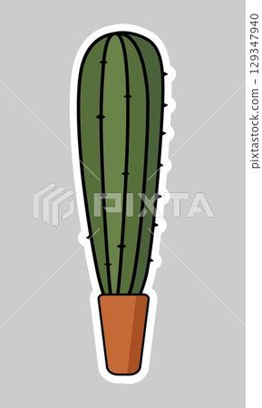 Tall green cactus in a terracotta pot with white outline on a gray background. Cartoon style illustration. Suitable for nature-related design projects, plants or desert. Stickers Tall green cactus in a terracotta pot with white outline on a gray background. Cartoon style illustration. Suitable for nature-related design projects, plants or desert. Stickers 129347940