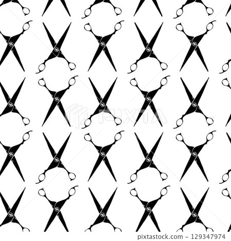 Scissors Hair Salon seamless pattern. Vector graphic line ink illustration. Business flat vector illustration. Scissor sign symbol pattern. Design for package, cosmetic, textile, cards. 129347974