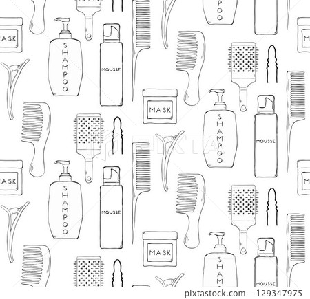 Professional hairdresser tools Hair Salon seamless pattern. Vector graphic line ink illustration. Barbershop Beauty Hairdressing salon. Coloring Sheet for Stress Relief and Relaxation Professional hairdresser tools Hair Salon seamless pattern. Vector graphic line ink illustration. Barbershop Beauty Hairdressing salon. Coloring Sheet for Stress Relief and Relaxation 129347975