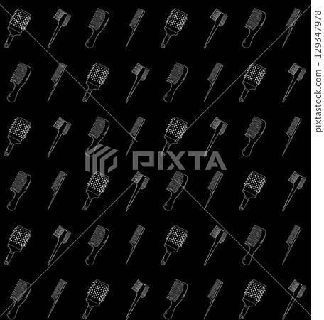 Hairdresser combs Hair Salon seamless pattern. Vector graphic line ink illustration. barber shop beauty background of isolated element. Different types of comb and scallop. Hairdresser combs Hair Salon seamless pattern. Vector graphic line ink illustration. barber shop beauty background of isolated element. Different types of comb and scallop. 129347978