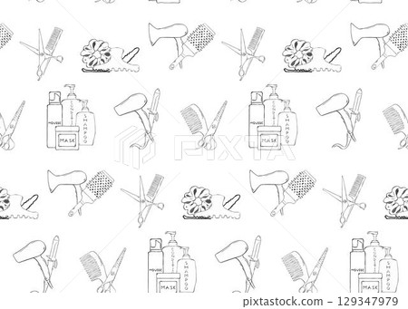 Hair salon and beauty seamless pattern with thin line icons. Vector graphic line ink illustration. Banner, poster, wrapping paper, sticker, print, modern textile design. Hair salon and beauty seamless pattern with thin line icons. Vector graphic line ink illustration. Banner, poster, wrapping paper, sticker, print, modern textile design. 129347979