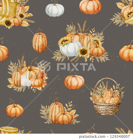 Seamless watercolor Pattern with pumpkins, sunflowers, wheat, and candles. Illustration of autumn background with fall leaves and flower on dark backdrop for packaging, fabric, and wrapping paper. Seamless watercolor Pattern with pumpkins, sunflowers, wheat, and candles. Illustration of autumn background with fall leaves and flower on dark backdrop for packaging, fabric, and wrapping paper. 129348007