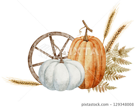 Watercolor illustration with pumpkins with wagon wheel and wheat in a rustic autumnal composition. Drawing with fall fern leaf an wheat for harvest festival greeting cards or seasonal invitations. 129348008