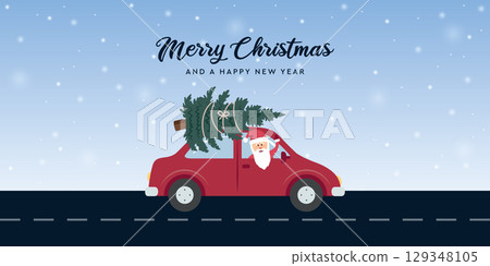 santa drive with red car and christmas tree in snowy winter landscape vector illustration 129348105