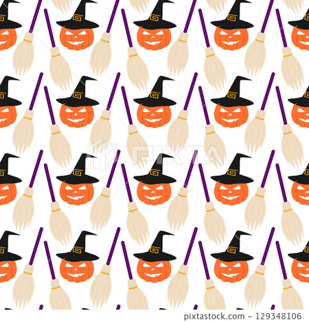 Hand drawn Halloween Pumpkins in Witch and Hat Brooms Seamless Pattern Halloween Minimalist Backdrop 129348106