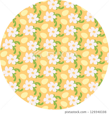 Easter Eggs and Chamomile flowers with decorative leaves Pattern on Circular Backdrop Easter Fond Easter Eggs and Chamomile flowers with decorative leaves Pattern on Circular Backdrop Easter Fond 129348108