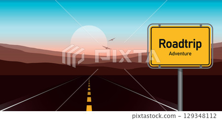 road trip adventure in mountain landscape at sunset vector illustration 129348112