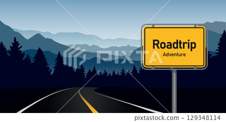 road trip adventure in the forest in mountain landscape vector illustration 129348114