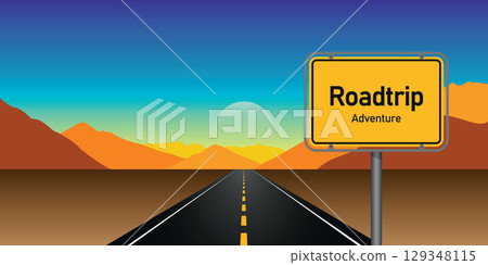 road trip adventure in mountain landscape at sunset vector illustration road trip adventure in mountain landscape at sunset vector illustration 129348115