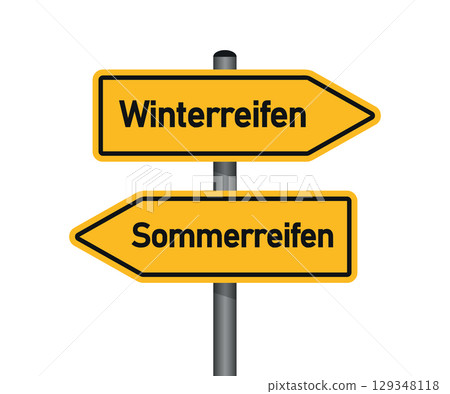 yellow traffic sign with german words winter tires and summer tires isolated vector illustration 129348118