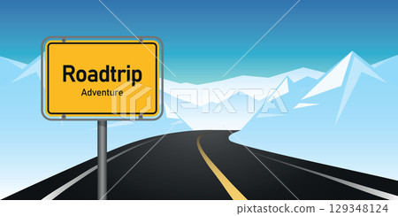 roadtrip adventure in winter asphalted road mountain landscape vector illustration 129348124