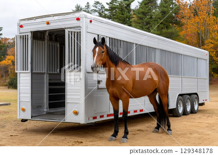 Horse standing near open horse trailer in autumn landscape 129348178
