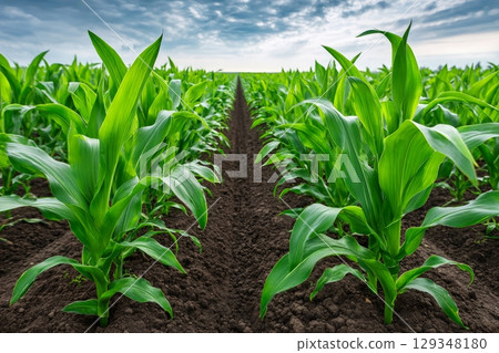 Rows of young corn growing in fertile soil under cloudy sky 129348180
