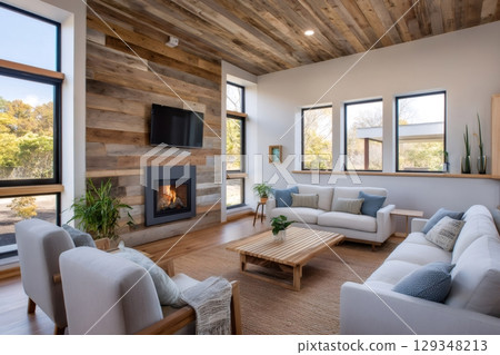 Modern living room with burning fireplace and reclaimed wood accent wall 129348213