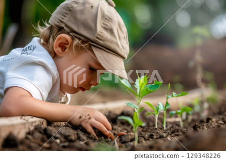 Curious child examining small plants growing in garden bed 129348226