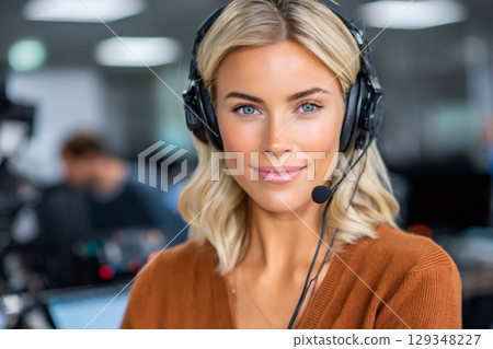 Friendly female call center agent wearing headset smiling in office 129348227