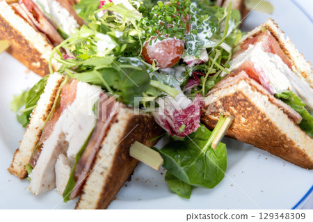 white plate with sliced chicken sandwiches and green salad in a restaurant white plate with sliced chicken sandwiches and green salad in a restaurant 129348309