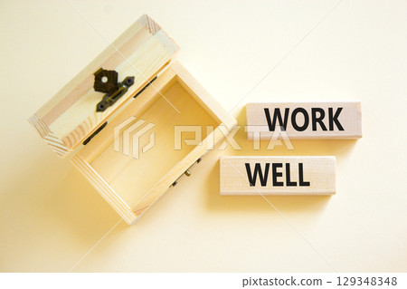 Work well symbol. Concept words Work well on beautiful wooden block. Beautiful white table white background. Empty wooden chest. Business marketing, motivational work well concept. Copy space. 129348348