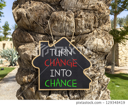 Turn change into chance symbol. Concept words phrase Turn change into chance on beautiful black blackboard. Beautiful old palm tree background. Business Turn change into chance concept. Copy space. Turn change into chance symbol. Concept words phrase Turn change into chance on beautiful black blackboard. Beautiful old palm tree background. Business Turn change into chance concept. Copy space. 129348419