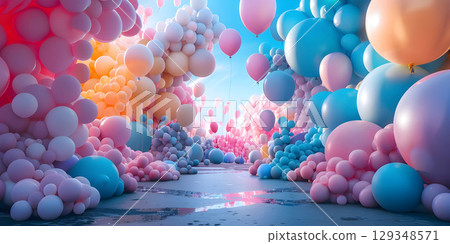 3d rendering of colorful balloons in front of the entrance to the building - Ai Generated 129348571