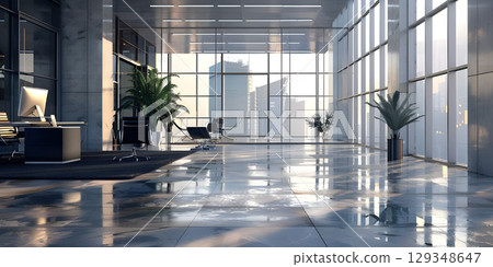 Modern office with white walls, tiled floor, white computer tables and armchair - Ai Generated 129348647