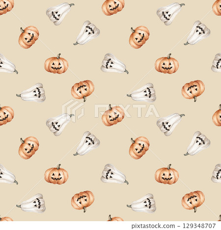 Seamless pattern for Halloween with cute pumpkins with face on an isolated background. Hand drawn watercolor illustration for kids. Perfect for decorations, cards, and crafts. 129348707