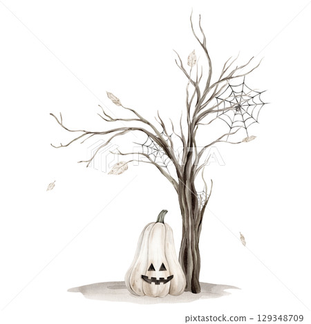 Watercolor illustration Tree without leaves silhouette and pumpkins with a face isolated on white background. Brown dry Trees for Halloween with autumn leaves and grey earth and spider web with spider 129348709