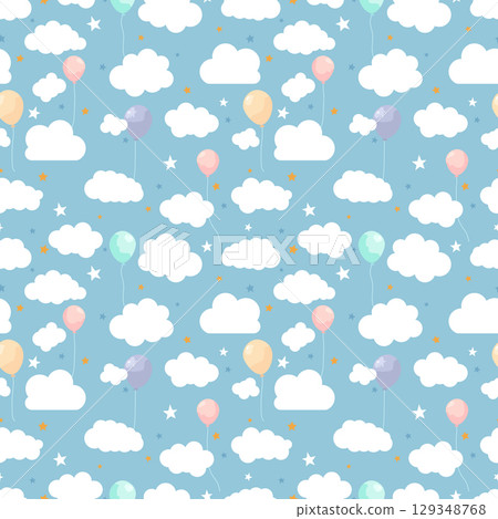 Seamless pattern with white clouds, colorful balloons and stars on a blue sky background 129348768