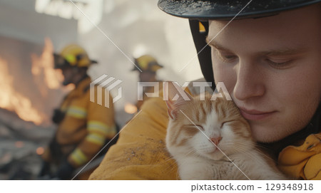 Firefighter holding a rescued cat, community safety theme 129348918