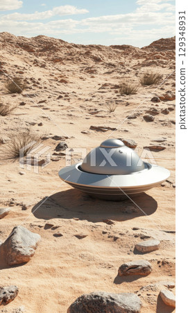 UFO landed in desert landscape with rocky terrain under cloudy blue sky 129348931