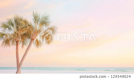 Two palm trees on serene sunset beach with pastel sky, nature background Two palm trees on serene sunset beach with pastel sky, nature background 129349024